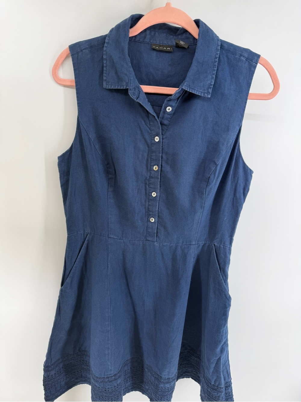 Tahari Blue Sleeveless 100% Linen Button-Front Dress with Pockets & Eyelet trim